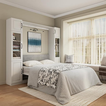 Bobve Farmhouse Murphy Bed Queen,85" Wall Bed Folds to Save Space,Concealed Bed Frame with 2 Glass Storage Cabinets(Small) and Wall Mounted Features for Apartment/Office/Guest Room