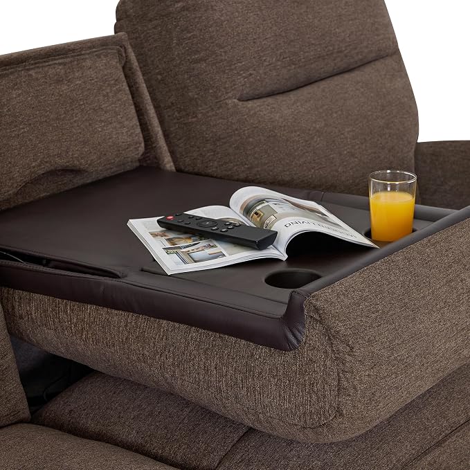 MCombo 87.8" Wall Hugger Power Reclining Sofa with Drop Down Table, 3-Seater Recliner Couch for Small Spaces Living Room RV, USB Ports, Fabric PR635M3 (Dark Brown)