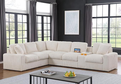 Ball & Cast 127" Modular Sectional Sofa,Modern Oversized Cloud Couch with Cup Holder&USB Port,7 Seat Convertible L-Shaped Corduroy Sofas W/Ottoman,Pillows&Storage Box,Comfy Couch for Living Room,Beige