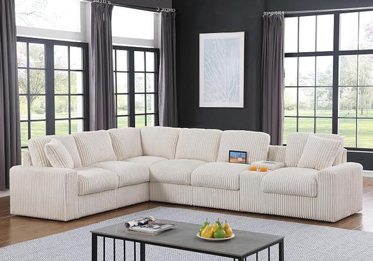 Ball & Cast 127" Modular Sectional Sofa,Modern Oversized Cloud Couch with Cup Holder&USB Port,7 Seat Convertible L-Shaped Corduroy Sofas W/Ottoman,Pillows&Storage Box,Comfy Couch for Living Room,Beige