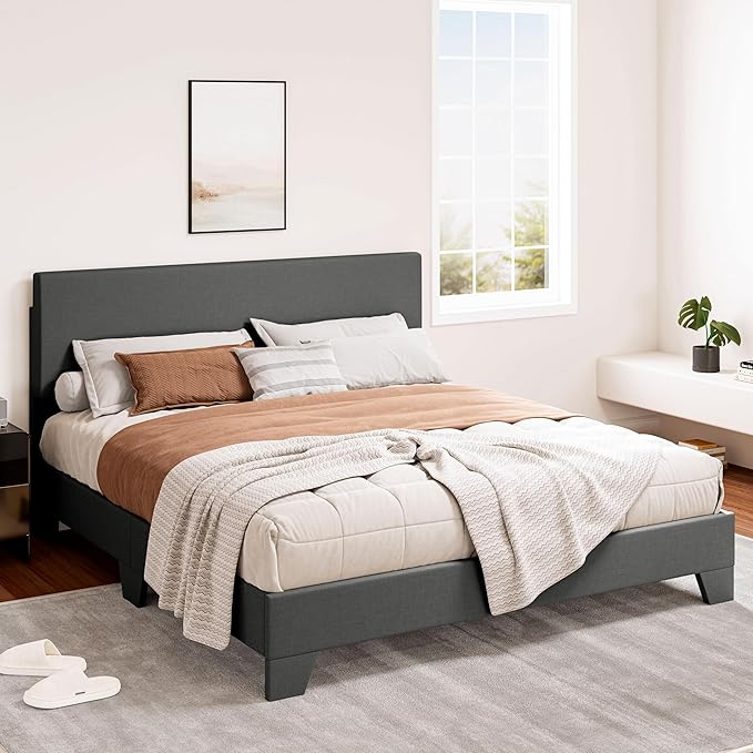 SHA CERLIN Linen Upholstered Full Size Bed Frame with Headboard, Dark Gray | Adjustable Low-Profile Platform Bed, Minimalist Design, Stable Mattress Foundation, Strong Back-Support, No Box Spring Needed
