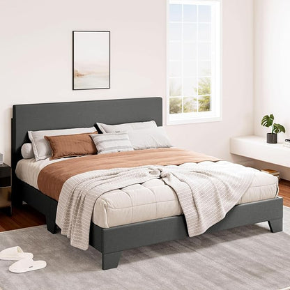 SHA CERLIN Linen Upholstered Queen Size Bed Frame with Headboard, Dark Gray | Adjustable Low-Profile Platform Bed, Minimalist Design, Stable Mattress Foundation, Strong Back-Support, No Box Spring Needed