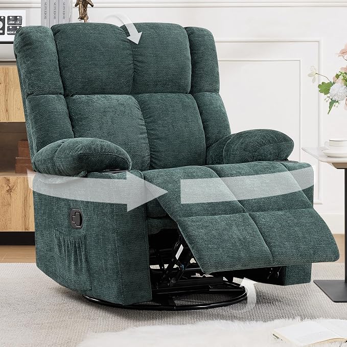 Swivel Rocker Recliner,Rocking Reclining Chair with Adjustable Headrest for Adults,Upholstered Fabric Swivel Recliner Chair for Bedroom,Living Room,Green