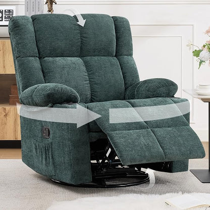 Swivel Rocker Recliner,Rocking Reclining Chair with Adjustable Headrest for Adults,Upholstered Fabric Swivel Recliner Chair for Bedroom,Living Room,Green
