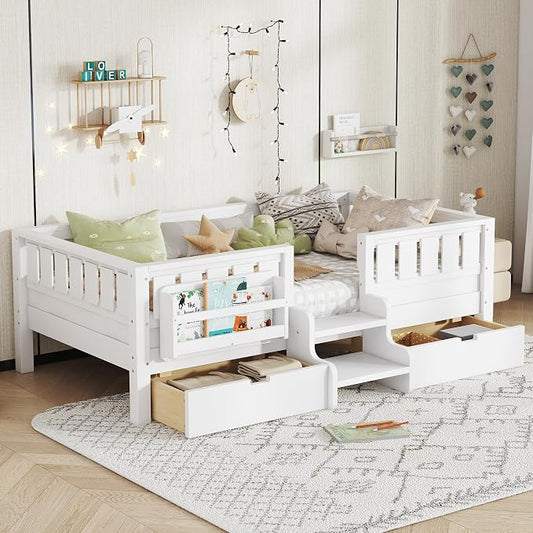Bellemave Twin Size Kids Montessori Bed with Stairs and Bookshelf,Solid Wood Twin Size Kids Bed Frame with Drawers and Storage for Girls Boys,Low-Profile,White