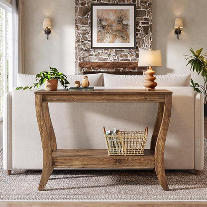 Solid Wood Console Table for Entryway, 41.3-Inch Farmhouse Sofa Table with Storage, 2-Tier Wooden Entrance Table for Living Room, Hallway, Foyer, (Brown)