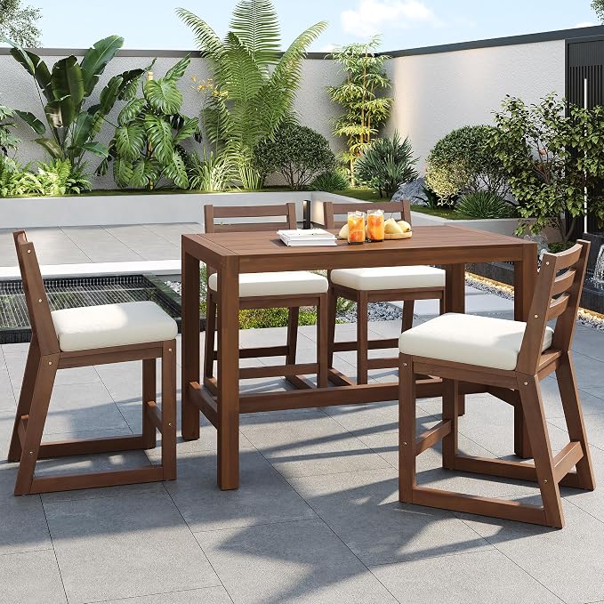 Quarte 5-Piece Acacia Wood Patio Bar Set, Rustic Outdoor Dining Table & Chairs, All-Weather Solid Wood Slatted Tabletop, Space-Saving for Garden, Patio, or Balcony (Mocha-5)