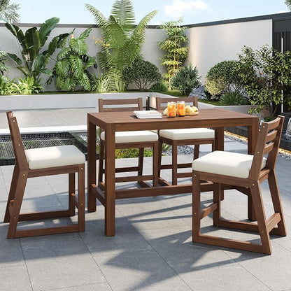 Quarte 5-Piece Acacia Wood Patio Bar Set, Rustic Outdoor Dining Table & Chairs, All-Weather Solid Wood Slatted Tabletop, Space-Saving for Garden, Patio, or Balcony (Mocha-5)