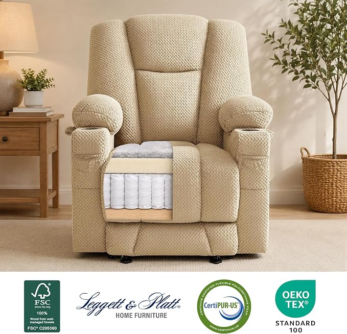 MCombo Zero Gravity Power Recliner Chair with Heat and Vibration Massage, Reclining Chair with USB & Type C Ports, Cup Holders for Living Room, Fabric 8015 (Beige)