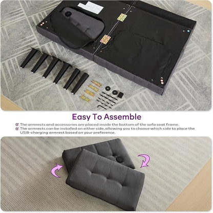 TYBOATLE 65“ Convertible Futon Sofa Bed w/ 2 USB, Upholstered Tufted Small Adjustable Folding Couch Loveseat, Modern Mid Century Sleeper Sofa for Living Room, Bedroom, Apartment, Office (Dark Grey)