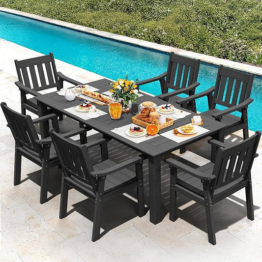 YEFU HIPS Patio Table Set: 7 Piece Outdoor Table and Chairs Patio Furniture Set with Umbrella Hole - Black Modern Plastic Dining Sets 6 Person for Outside Deck with Metal Aluminum Frame