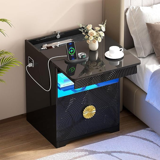LED Nightstand with Gun Drawer, Modern Bedside Table with 3-Color Lights & Human Sensor, Smart Night Stand with Charger Station, 2 Drawers End Table for Bedroom, Black