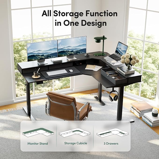 CubiCubi 63x48 Inches L Shaped Standing Desk with 3 Drawers and Monitor Shelf, Height Adjustable Corner Computer Desk with Hooks, Sit Stand Up Ergonomic Home Office Workstation Table, Modern Black