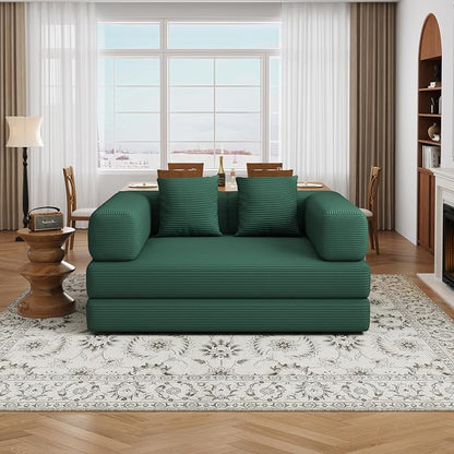 4 in 1 Convertible Sofas Boneless Couches with 2 Pillow, Modern Corduroy Futon Bed, Modular Queen Sofa with Pull-Out Bed, LoveSeat for Living Room, Small Space Apartment (Green, 53.15"Double Sofa)