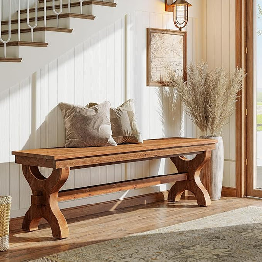Solid Wood Entryway Bench, 55-Inch Farmhouse Indoor Bench, Narrow Hallway Seat for Living Room, Bedroom (1, Brown)