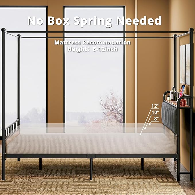 LIKIMIO Canopy Bed Frame Queen, Storage Headboard with Charging Station, Platform Bed with 4 Removable Sturdy Posts, Noise Free, No Box Spring Needed, Vintage Brown