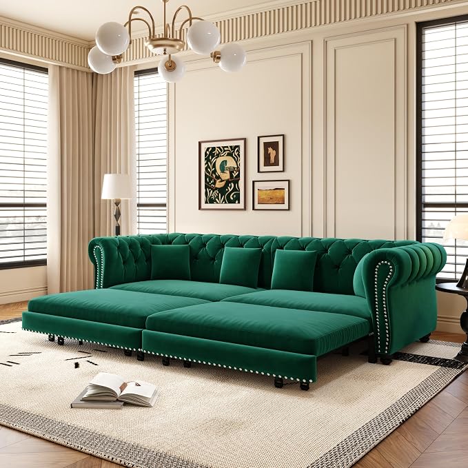 89'' Pull Out Sofa Bed King, Chesterfield Velvet Sleeper Sofa, Convertible L-Shaped Futon Couch, Tufted Back, 4 Pillows, Ottoman, Deep Seat Loveseat Couches for Living Room, Apartment, Green