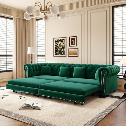 89'' Pull Out Sofa Bed King, Chesterfield Velvet Sleeper Sofa, Convertible L-Shaped Futon Couch, Tufted Back, 4 Pillows, Ottoman, Deep Seat Loveseat Couches for Living Room, Apartment, Green