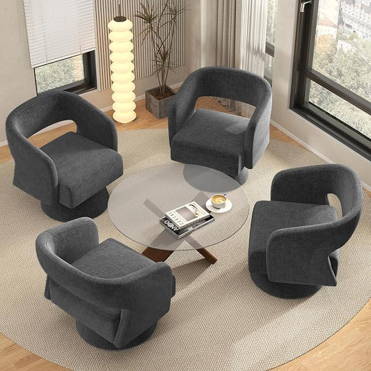 Luxanimarion Swivel Barrel Accent Chair,Oversized Chenille Upholstered Round Swivel Chair,Modern Luxury 360 Degree Living Room Vanity Chair for Bedroom Office,Black Chenille,4PCS