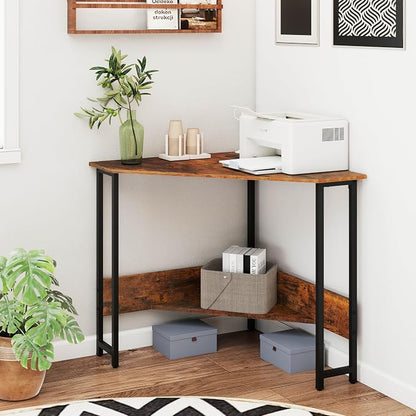 Tangkula Corner Desk with Power Outlet & USB Ports, Triangle Computer Desk with Charging Station, Storage Shelf, Space Saving Writing Desk, Vanity Table, Corner Desk for Small Space (Rustic Brown)
