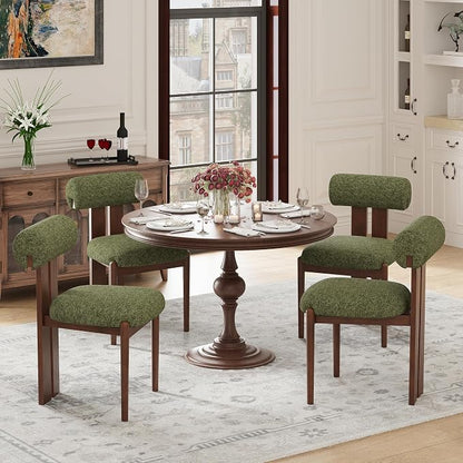 MALOL Modern Wooden Dining Chairs Set of 4, Upholstered Fabric Kitchen Chairs with Sculptural Backrest, Mid-Century Farmhouse Dining Room Chairs with Solid Wood Legs, Green