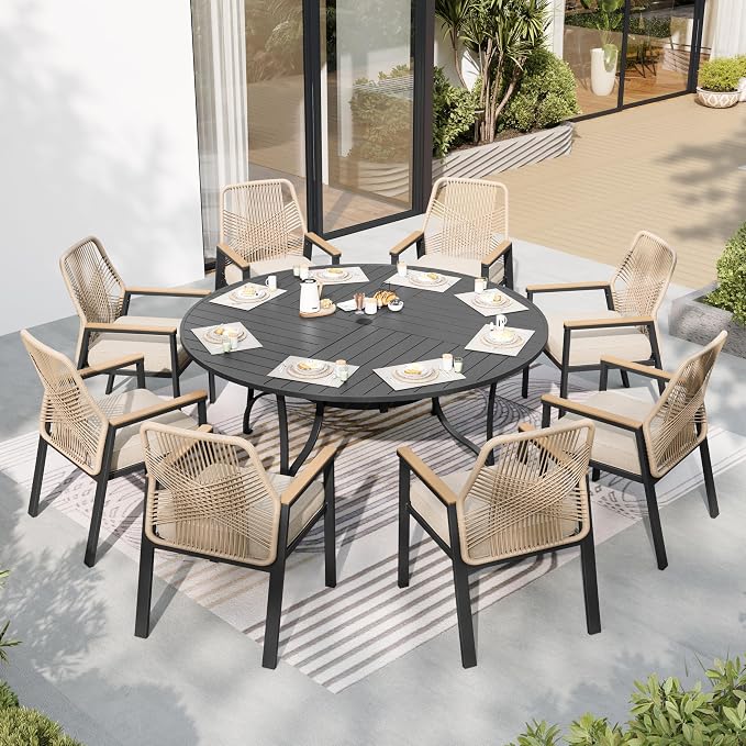 Patio Dining Set 9 Piece, 8 x Woven Rattan Chairs with Waterproof Cushion, 67" Round Metal Dining Table with Umbrella Hole, Outdoor Table and Chairs Set for Backyard Lawn and Deck, Beige