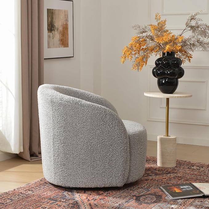 KINWELL 34" W Mid Century Modern Swivel Barrel Chair, Round Upholstered Boucle Swivel Accent Chairs, No Assembly Sofa Chair for Living Room Bedroom Reading Apartment Lounge Nursery(Black White)