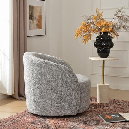 KINWELL 34" W Mid Century Modern Swivel Barrel Chair, Round Upholstered Boucle Swivel Accent Chairs, No Assembly Sofa Chair for Living Room Bedroom Reading Apartment Lounge Nursery(Black White)