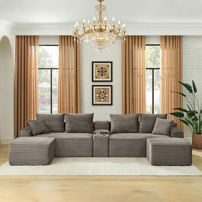 127" U-Shaped Cloud Sectional Couch Oversized Modular Compressed Boneless Sectional Sofa with Ottoman Chaise Lounges & Console, Plush Corduroy Boneless Symmetrical Sofa