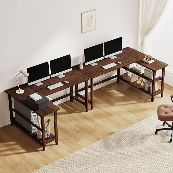 IOTXY Reversible L-Shaped Office Desk - 45" Compact Corner Computer Table with Storage Shelves, Solid Wood Legs, Writing & Study Workstation for Small Spaces, Walnut