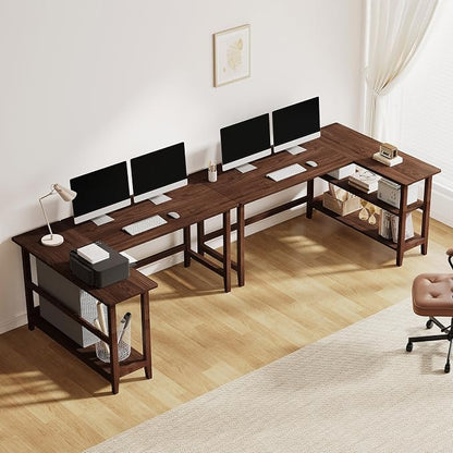 IOTXY Reversible L-Shaped Office Desk - 45" Compact Corner Computer Table with Storage Shelves, Solid Wood Legs, Writing & Study Workstation for Small Spaces, Walnut