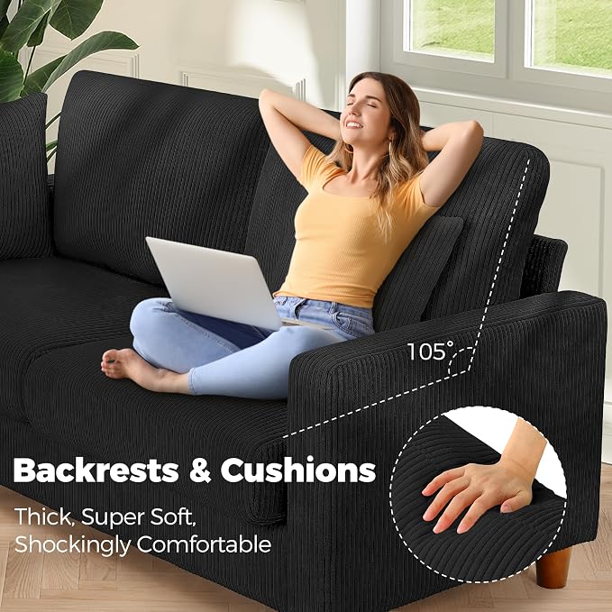 Kidirect 70in U Shaped Couch, Modular Sofa No Tool Assembly, Comfy Sectional Couches for Living Room 21in Deeper Seats, Corduroy Sofas for Living Room with 2 Pillows, Loveseat Sofa Set, Black Couch