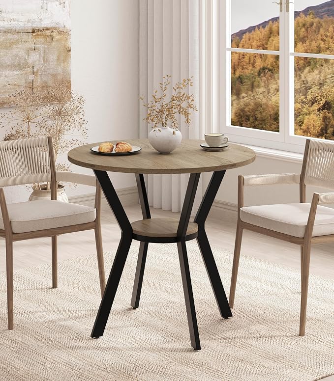 MECHYIN Round Dining Table, 31.5" Small Kitchen Table with Storage, Space Saving Dining Table, Rustic Wood Table with Metal Legs for Apartment, Dining Room & Kitchen Nook