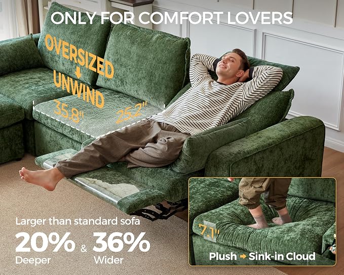 138.6'' Oversized Power Recliner Sofa with Headrest, Modular Cloud Sectional Couch with Convertible Table, Charging, Drawer, Cup Holder, 4-Seater with Storage Ottoman, Chenille, Green
