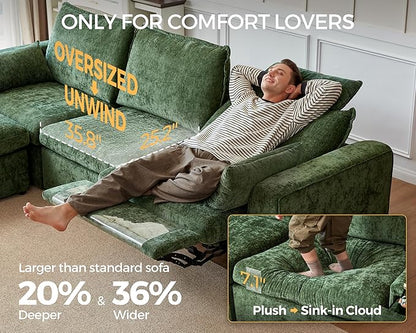 Oversized Modular Power Recliner Sofa Wall Hugger, Cloud Reclining Couch with Headrest, Storage Ottoman, Drawer Charging Cup Holder, Deep L-Shaped 6 Seater with Dual Electric Recliner, Chenille, Green