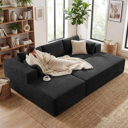 GRUSIGN 106" Oversized Sectional Boneless Sleeper Sofa Bed Couches for Living Room, Modular L Shaped Couch with Left Facing Chaise & Big Ottoman, Compressed Spineless Corduroy Cloud Sofas, Black