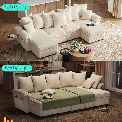 LINSY HOME Oversized Sectional Sleeper Sofa with Pull Out Couch Bed (Beige, 118.5'') | USB Charging
