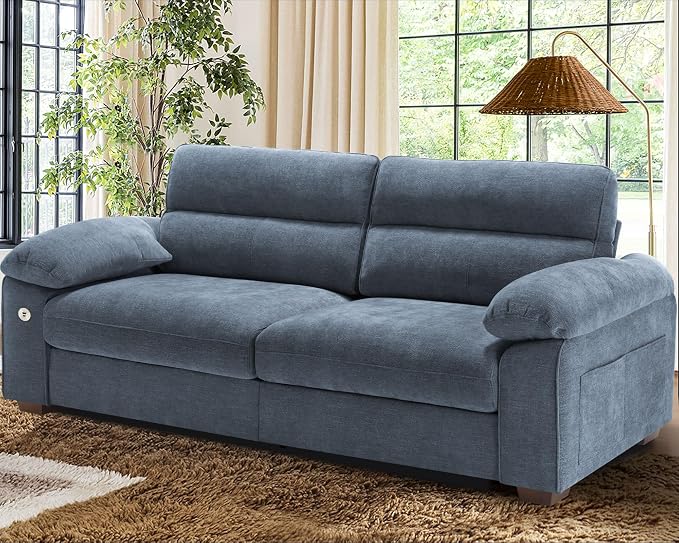 WorthFurni Sofas for Living Room, Chenille Pillow-Armrest Loveseat Couch Set, Small Sofa, 3 Seater Sofa, USB Charging, Removable Sofa Cover, Solid Wood Frame, Easy to Install (90.5 inch, Blue)
