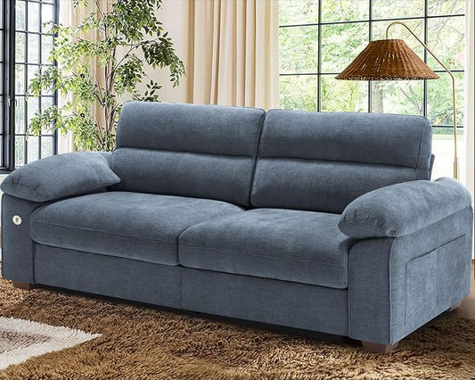 WorthFurni Sofas for Living Room, Chenille Pillow-Armrest Loveseat Couch Set, Small Sofa, 3 Seater Sofa, USB Charging, Removable Sofa Cover, Solid Wood Frame, Easy to Install (90.5 inch, Blue)