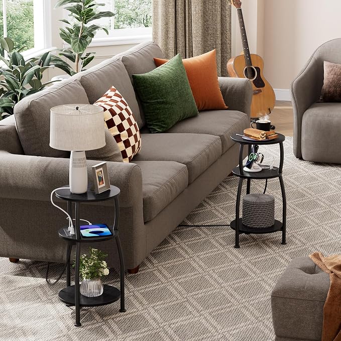 Round Side Table with Power Outlet & USB Ports, 3-Tier End Table with Storage Shelf, Modern Rustic Nightstand, Small Spaces Accent Table for Living Room Bedroom, Easy Assembly, Black