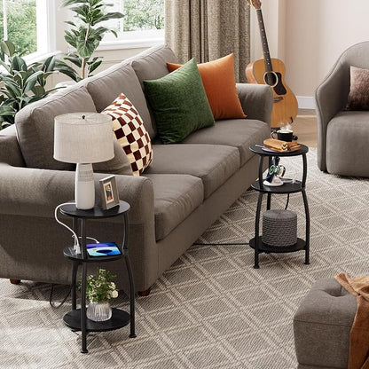 Round Side Table with Power Outlet & USB Ports, 3-Tier End Table with Storage Shelf, Modern Rustic Nightstand, Small Spaces Accent Table for Living Room Bedroom, Easy Assembly, Black