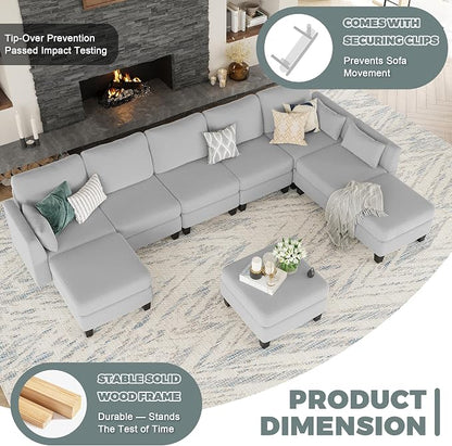 Modular Sectional Sofa, 6 Seaters Modular Sleeper Sofa Couch, Comfy Sectionals Couches Bed, Convertible Sofas with Ottomans, Sectional Couches for Living Room, Light Grey
