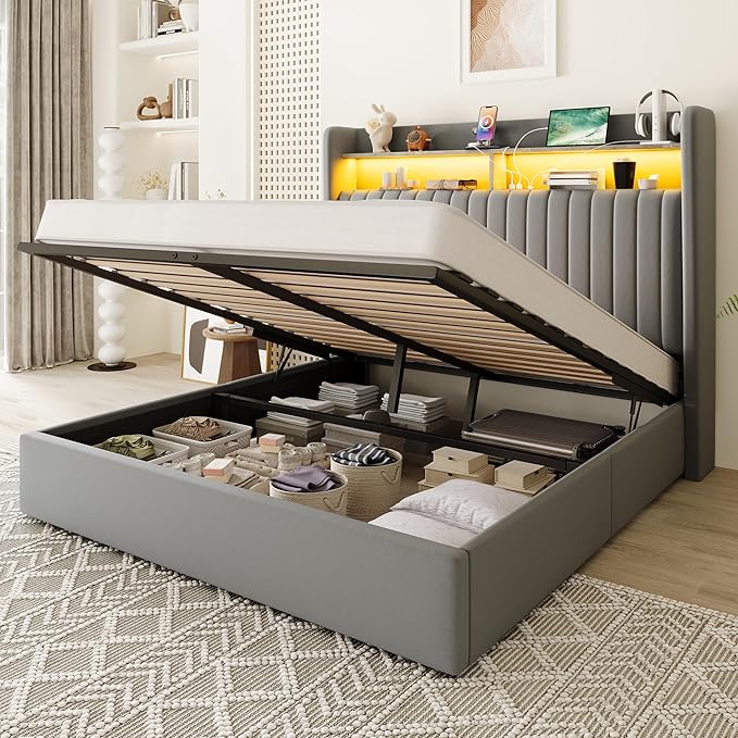 Allewie Full Size Lift Up Hydraulic Storage Bed Frame, 2-Tier Shelf Headboard with LED Lights and Charging Station, USB and Type C Ports, Wingback Velvet Headboard, No Box Spring Needed, Gray