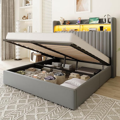 Allewie Full Size Lift Up Hydraulic Storage Bed Frame, 2-Tier Shelf Headboard with LED Lights and Charging Station, USB and Type C Ports, Wingback Velvet Headboard, No Box Spring Needed, Gray