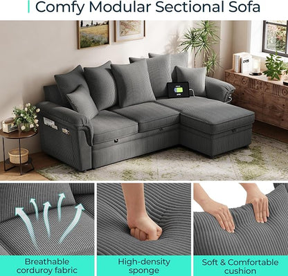 LINSY HOME 90.5'' Sectional Sleeper Sofa with Pull Out Couch Bed Modular (Gray, 90.5'') | USB Charging