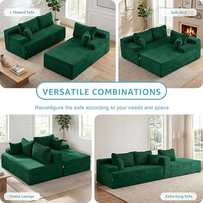 Hobestluk Modular Sectional Sofa Couches L-Shape Couch 3 Seat Modular Sofa Memory Foam Sectional Couches for Living Room, Cloud Couch with Oversized Chaise (Green Corduroy, 108", Right Hand Facing)