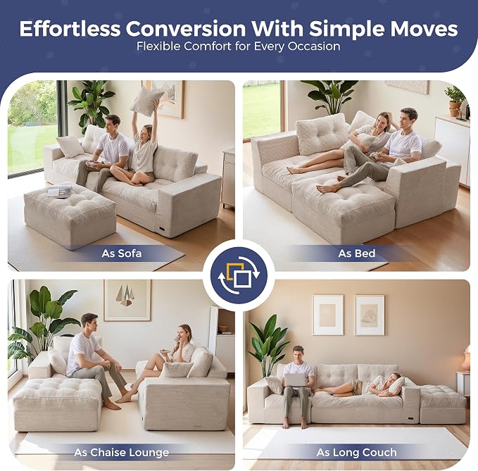 MAXYOYO 96" L Shaped Modular Sectional Sofa with Ottoman, Cloud Boneless Couch with Layered Cushion, Upholstered Sofa in a Box, Flexible Module Combination for Living Room, No Assembly, Beige