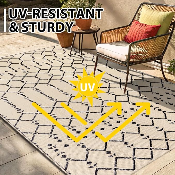 Smiry Outdoor Rug 8x10 ft, Waterproof Reversible Plastic Straw Rugs, Boho Outdoor Area Rug, Outside Floor Mat for Patio, Backyard, Deck, Picnic, Beach, Camping, Beige