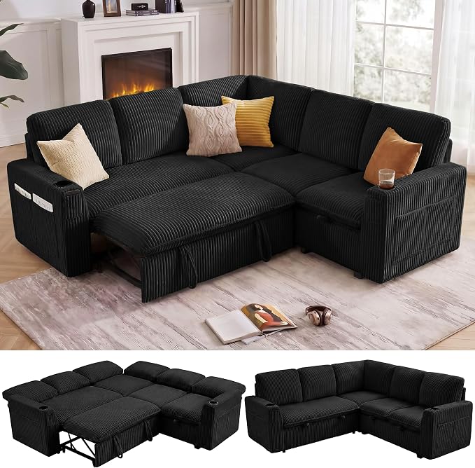 Sectional Sleeper Sofa with Pull Out Bed, Plush Corduroy 5 Seat Modular Sectional Sofa with Storage Chaise and Adjustable Backrest, Cloud Couches for Living Room, Apartment, Black