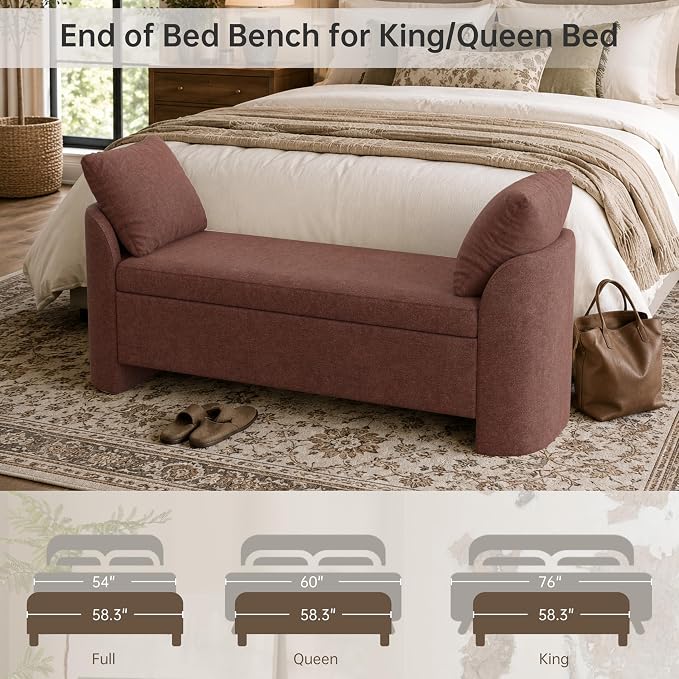 Usaint 58.3" Storage Ottoman Bench with Pillows, Upholstered End of Bed Bench with Arms, Footrest Stool Bench for Bedroom, Living, Window, Entryway and Hallway, Green, Rusty Red